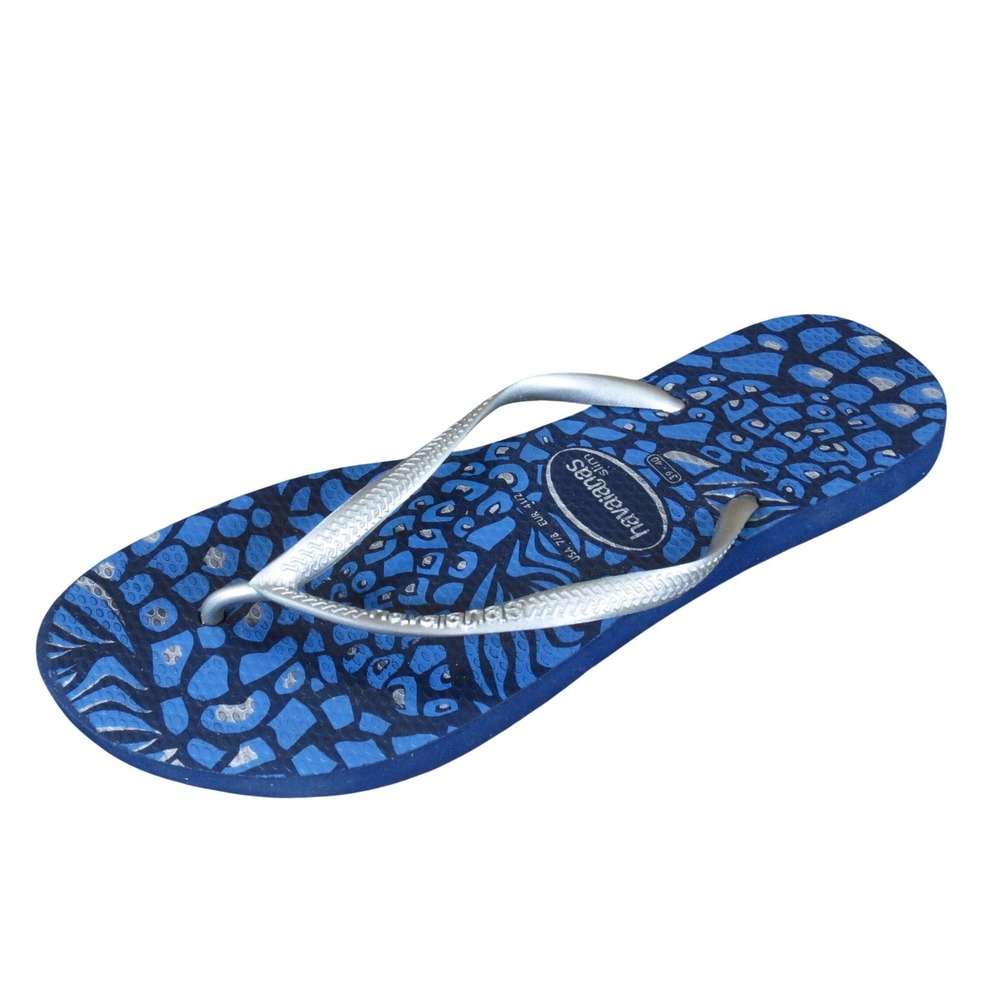 Havaianas Slim Women Flip Flop Sandals Size 7/8 Casual Beach Blue Animal Print